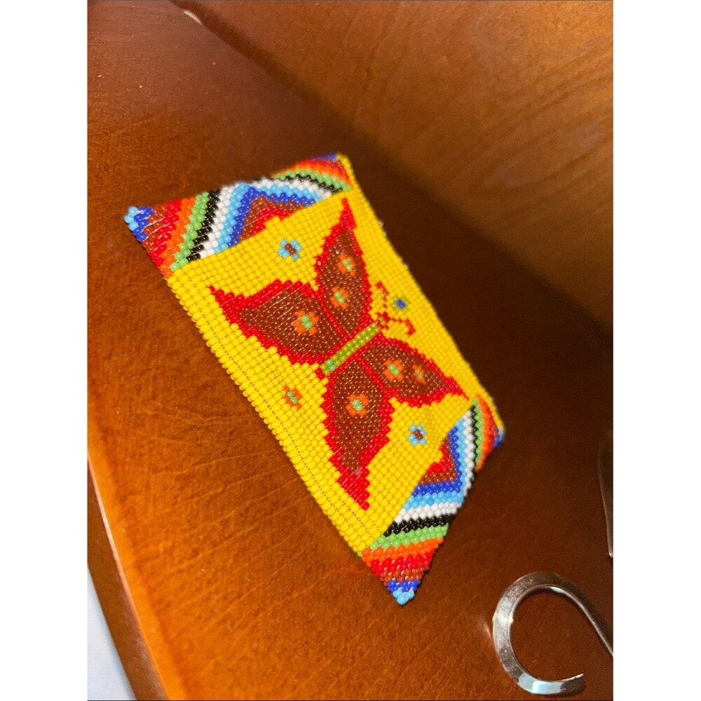 Artisan Yellow Beaded Mini Bag with Red Butterfly